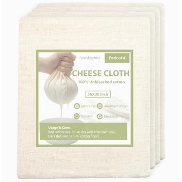 Imagem de PurpleEssences Panos de queijo para coar 91 x 91 cm - Gaze reutilizável de algodão cru com borda de bainha para cozinhar, iogurte, leite de nozes, caldo e artesanato - Natural, conjunto de 4