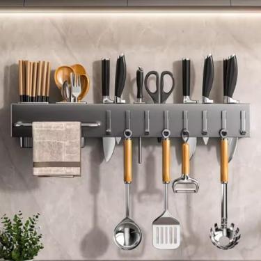 Imagem de Organizador de Parede Multiuso para Cozinha, Porta Utensílios e Talheres com 8 Ganchos, Metal, 60cm, com Porta Pano de Pratos