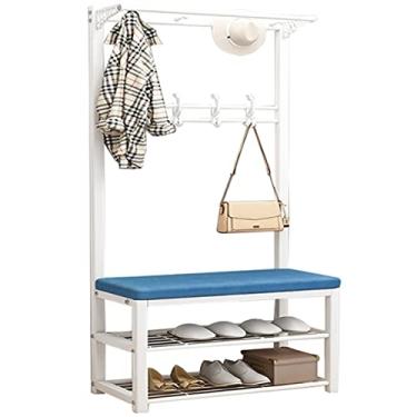 Imagem de SLGGPJBU Suporte de cabide requintado para corredor, 9 ganchos e prateleiras abertas de 2 camadas, suporte livre com banco de sapatos, para quarto e sala de estar