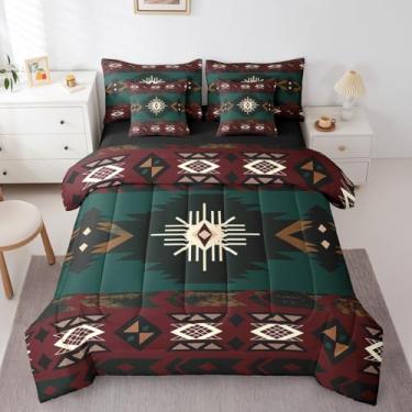 Imagem de Jogo de cama casal e edredom Boho Western, geometria vintage, triângulo, diamante, 7 peças, sudoeste, nativo asteca, decoração de quarto tribo étnico, verde e vermelho