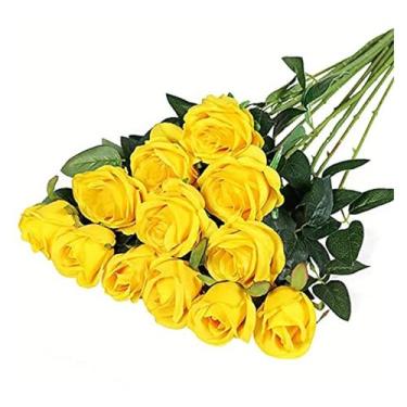 Imagem de 12 peças de buquê de rosas artificiais realistas para casamentos, aniversários e muito mais para arranjos florais e flores artificiais para decoração de casa (amarelo)