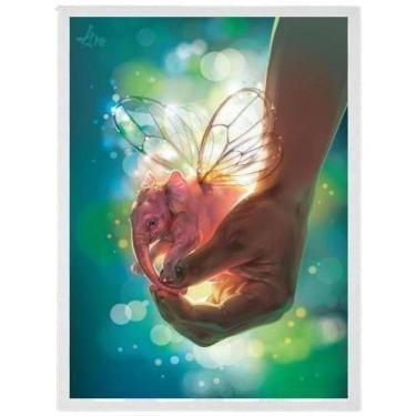 Imagem de Quadro Elefante Com Asas De Borboleta Moldura Branca 24X18Cm