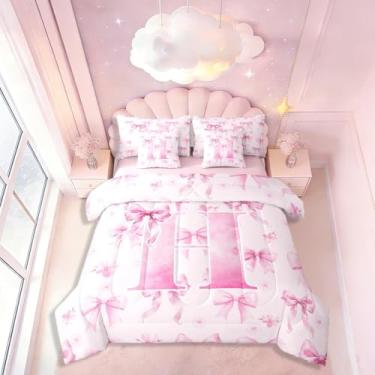Imagem de Conjunto de cama casal de 7 peças com laço rosa e laço romântico, chique e romântico, lindo conjunto de cama com laço com monograma, inclui edredom, conjunto de lençol, fronhas e fronhas, decoração de
