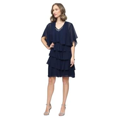 Imagem de S.L. Fashions Vestido feminino de chiffon em camadas com decote de contas para mãe da noiva, coquetel ou convidada de casamento, Azul marino, 40