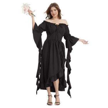 Imagem de rumnigh Vestido feminino vitoriano renascentista, fantasia medieval, vestido maxi gótico, perfeito para festa de Halloween, cosplay, Preto, GG