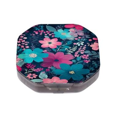 Imagem de Esta caixa de comprimidos portátil com estampa de flores coloridas e brilhantes pode ser colocada em um bolso ou carteira para armazenar vitaminas, medicamentos, suplementos de saúde e outros