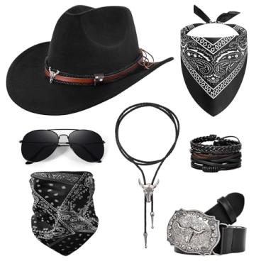 Imagem de Conjunto de acessórios de chapéu de caubói para homens e mulheres, roupa ocidental preta com cinto de fivela, bandanas, óculos de sol, gravata, máscara e pulseira, kit de roupa de festa cosplay de