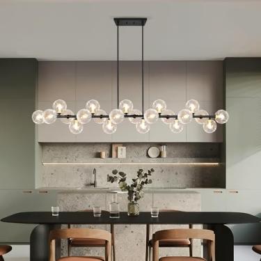 Imagem de Lzawvm Lustre Linear Moderno Para Sala De Jantar, Lustre Pendente Grande Sputnik De 70 Polegadas Para Ilha De Cozinha, Lustre Globo De Vidro Listrado Preto Transparente Para Sala De Estar, Bar De F