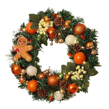 Imagem de Guirlanda de Natal para uso ao ar livre – Guirlanda de pão de gengibre de fazenda de 15,7 polegadas com luzes para casa | Decoração de férias de casa de fazenda para lareira de porta da frente lareira