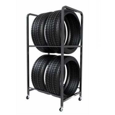 Imagem de Suporte de pneu de rolamento de piso resistente, suporte de exibição de pneu de garagem ajustável para aros e rodas, suporte de pneu de aço resistente (68 x 50 x 128 cm/27 x 20 x 50 pol)