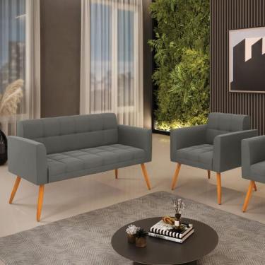 Imagem de Kit 1 Sofá Namoradeira e 1 Poltrona Elisa Suede Grafite Pés Palito Cas