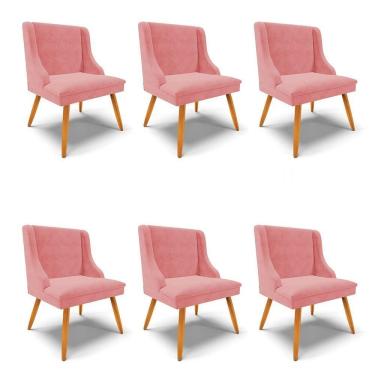 Imagem de Kit 6 Cadeiras Estofadas Para Sala De Jantar Pés Palito Lia Suede Rosê - Ibiza
