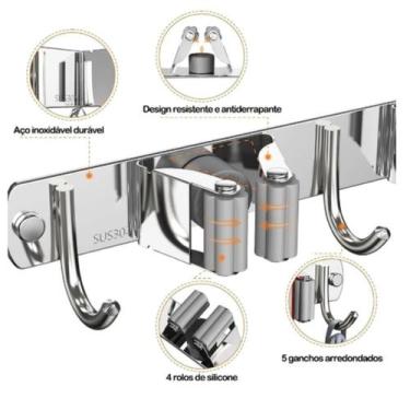 Imagem de Porta Vassoura aço inox Rodo Suporte Com Encaixes e Ganchos Multiuso r