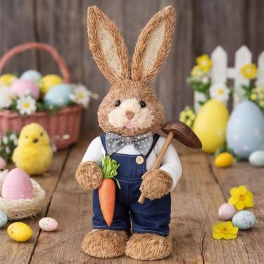 Imagem de Boneco Coelho Decoração Enfeite Páscoa Palha Artesanal 65cm - Genérico