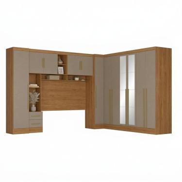 Imagem de Guarda-roupa Modulado 4 Peças 12 Portas com Espelho e Cabeceira até 158cm Cinamomo/Capuccino