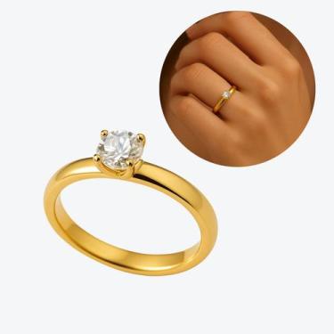 Imagem de Anel Solitário Clássico Noivado Pedra Zircônia Aço Dourado Tamanho:30 