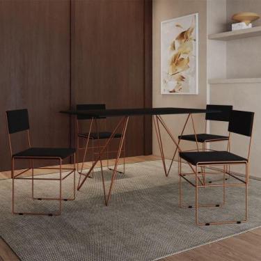 Imagem de Mesa Jantar Industrial Trama 1,40x0,80m Preta Com 4 Cadeiras Estofadas