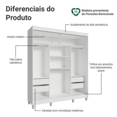 Imagem de Guarda-roupa Casal Com Pés 3 Portas De Correr Com Espelhos Branco Reno
