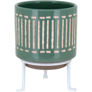 Imagem de CACHEPÔ VASO PLANTA DECORATIVO 16x12x12cm CERÂMICA VERDE COM SUPORTE BERNAN