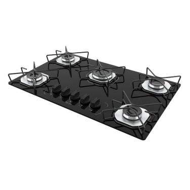 Imagem de Cooktop a Gás Terim Cooktop 5 Bocas Vidro Temperado com 6 Apoios Preto Bivolt