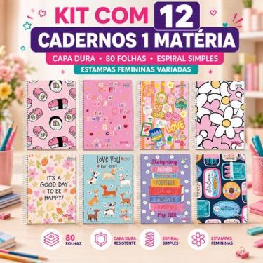 Imagem de Kit 12 Cadernos Escolares Femininos Capa Dura 80 Folhas - Nova Caderno