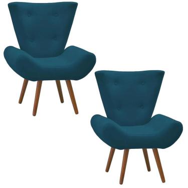 Imagem de Kit 02 Poltronas Decorativa Bella Pés Madeira Suede Azul Marinho