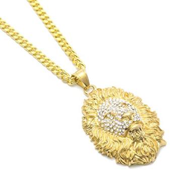 Imagem de Colar masculino com pingente de leão de ouro e diamantes renos brilhantes