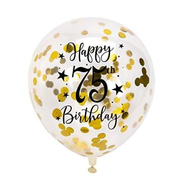 Imagem de MAGJUCHE Balões de látex dourado 75º confetes, mulher ou homem feliz 75 anos festa de aniversário balão decoração com confetes, 30,5 cm, pacote com 16