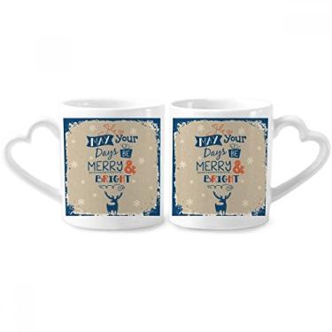 Imagem de Conjunto de canecas de porcelana para casais de neve de cervo de Natal com alça de coração