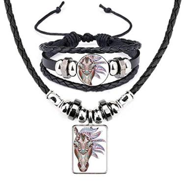 Imagem de Conjunto de joias e pulseira de couro com design de cavalo colorido estilo mosaico