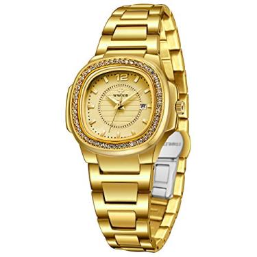 Imagem de Relógio feminino de quartzo analógico com mostrador pequeno e relógio de pulso de aço inoxidável à prova d'água..., Dourado