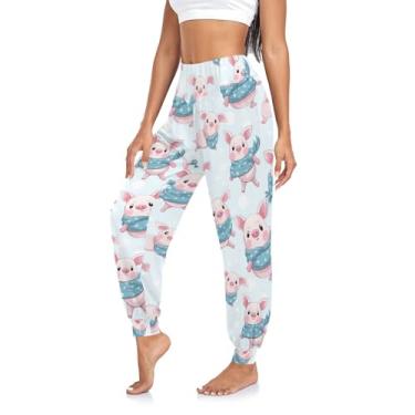 Imagem de CHIFIGNO Calça de ioga feminina Mardi Gras calça hippie folgada cintura alta harém calça de ioga, Porcos cor-de-rosa fofos com lenços azuis, M