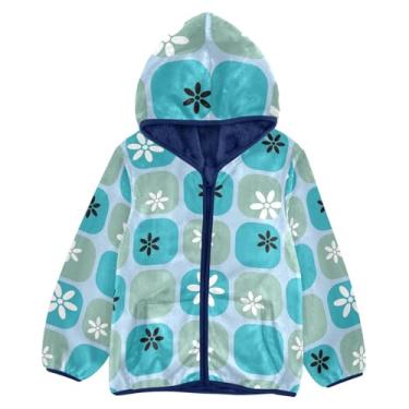 Imagem de KLL Jaqueta xadrez moda azul flor meninas sherpa jaqueta com capuz jaqueta de inverno meninos azul marinho moletom com zíper 3T, Flor azul moderna xadrez, 6 Anos