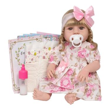 Imagem de Boneca Reborn Bebê Loira Vestido Florido Kit 13 Acessórios