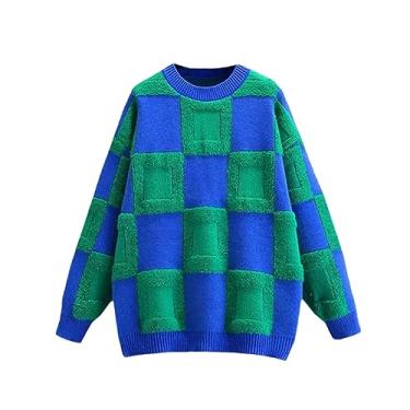 Imagem de Suéter feminino de manga comprida com costura xadrez gola redonda outono inverno grosso suéter de malha quente, En8, P