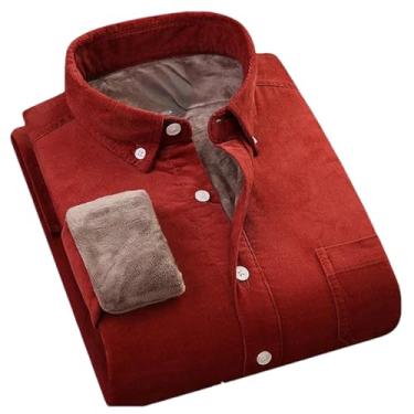 Imagem de Camisa masculina de lã grossa de algodão de veludo cotelê quente de inverno masculina com botões macios streetwear camisa masculina, Vermelho, XXG