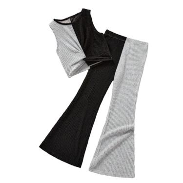 Imagem de SOLY HUX Camiseta regata feminina Color Block sem mangas torcida na frente e calça larga de duas peças, Preto e cinza, 12 Anos