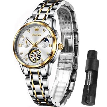 Imagem de OLEVS Relógios automáticos femininos sem bateria, relógio mecânico de pulso pequeno, luxuoso, à prova d'água, turbilhão, prata e dourado, Mostrador branco, round, relógios automáticos femininos