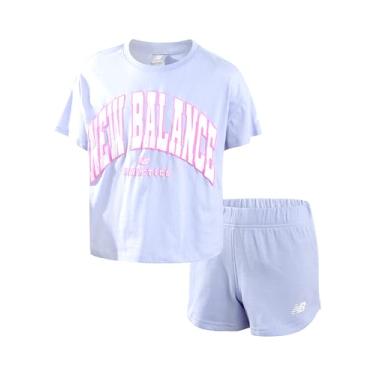 Imagem de New Balance Conjunto de shorts para meninas - camiseta de manga curta de 2 peças e shorts de lã - Lindo traje de verão para meninas (7-12), Amanhecer, 7-8