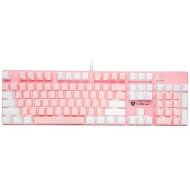 Imagem de Qisan Happy Deals 20% de em teclado mecânico para jogos tamanho completo 104 teclas layout dos EUA com fio azul interruptor teclado retroiluminado com cor rosa e branco