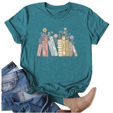 Imagem de Camisetas femininas para amantes de livros, flores silvestres, leitura de livros, casual, manga curta, presente para professores, Ciano, G