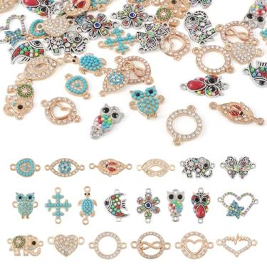 Imagem de Cheriswelry 40 pçs/caixa prata antiga ouro strass esmalte conectores pingentes elefante coruja olho turco flor coração diamante charme contas para diy pulseira colar fabricação de joias, Prata