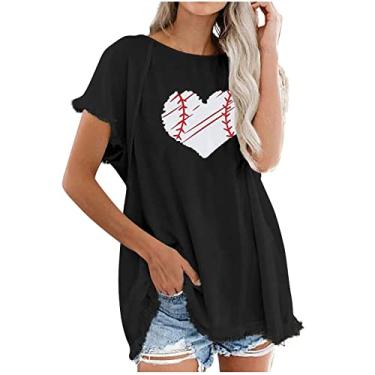 Imagem de Duobla Camiseta de beisebol feminina plus size estampada casual solta túnica camisetas grandes gola redonda 2024 moda primavera, A-2 - Preto, XXG