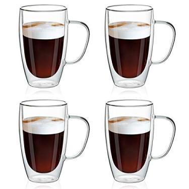 Imagem de MEWAY Pacote de 473 g/4 canecas de café, copo de parede dupla de vidro transparente espesso com alça para café, chá, latte, cappuccino (473 ml, 4)