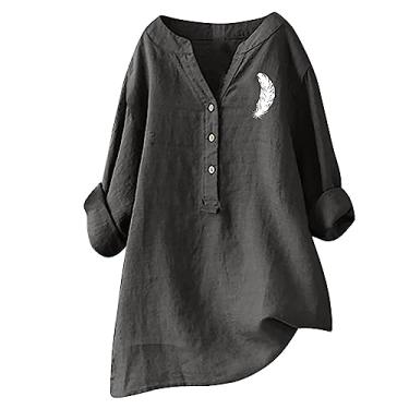 Imagem de Camiseta feminina de linho manga comprida Henley Feather Graphic Tee Tops solto confortável camiseta túnica verão, Cinza escuro, GG
