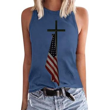 Imagem de Camiseta regata com bandeira americana patriótica feminina, 4 de julho, sem mangas, listras estrelas, tops para o Memorial Day, Azul, XXG