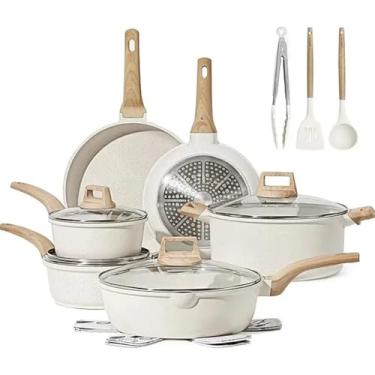 Imagem de Conjunto de 21 peças de panelas e frigideiras, conjuntos de panelas antiaderentes, panelas de indução de granito branco, conjunto de cozinha antiaderente com frigideiras, 16 peças, uma