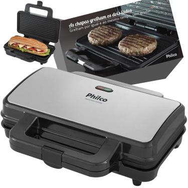 Imagem de Sanduicheira Grill Elétrica Philco Inox Antiaderente PGR02I 900W Faz 2 sanduíches