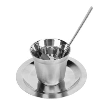 Imagem de Conjunto de 3 xícaras de café de aço inoxidável, xícara de chá com leite isolada de parede dupla de 80 ml com pires e colher Caneca de café inquebrável e elegante para acampamento