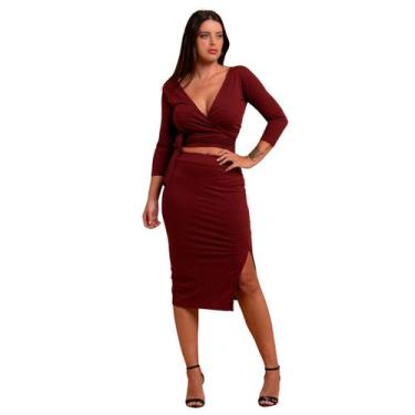 Imagem de Conjunto Feminino Plus Size Slim Transpassada Cropped Envelope Saia Mi